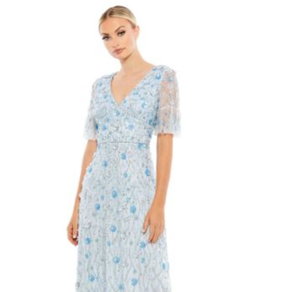 Mac Duggal EMBELLISHED V NECK EMPIRE WAIST RUFFLE HEM GOWN